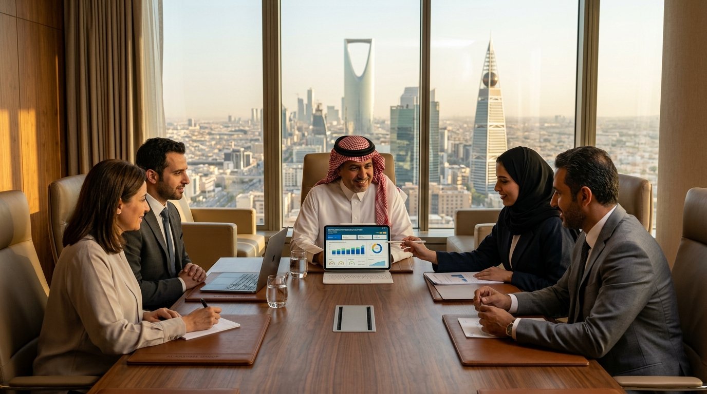 Saudi restaurant executives and advisory consultants in boardroom
